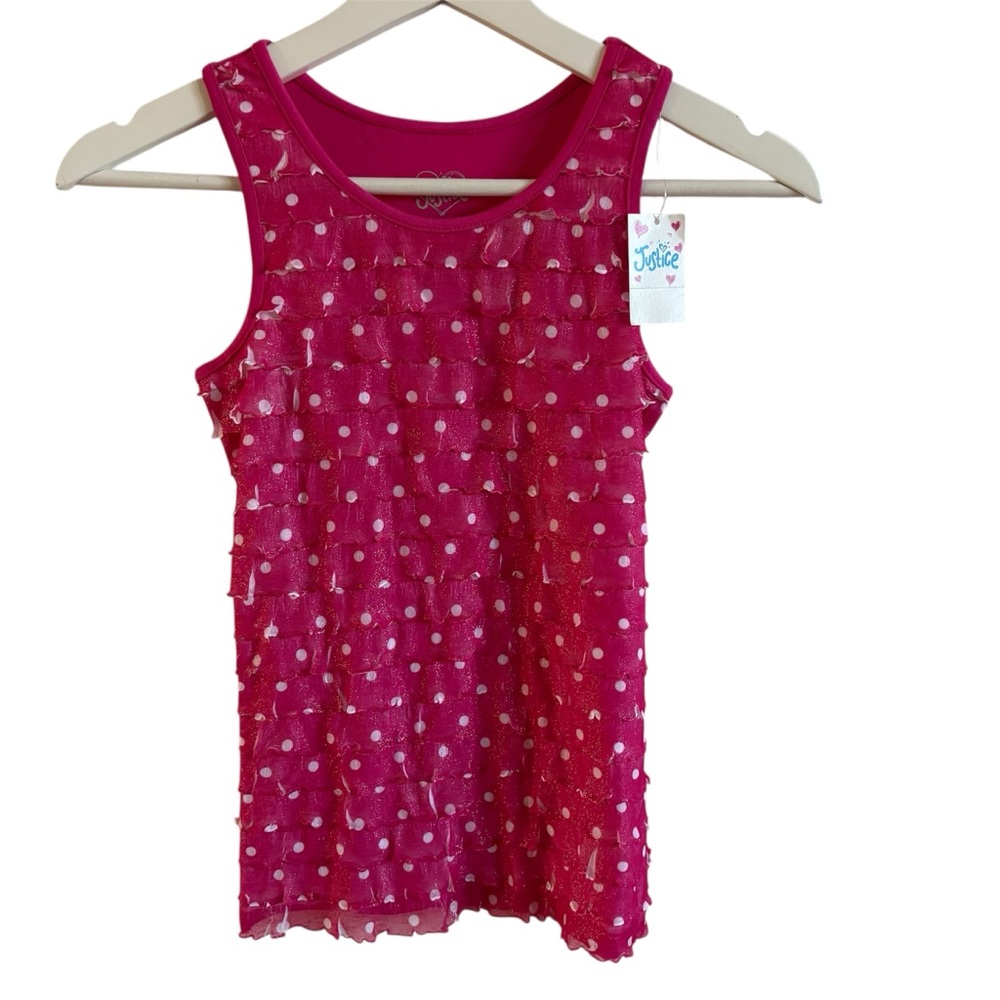 Justice 10 Pink and White Polka Dot Tank Top ruffle spandex flapper stretch soft